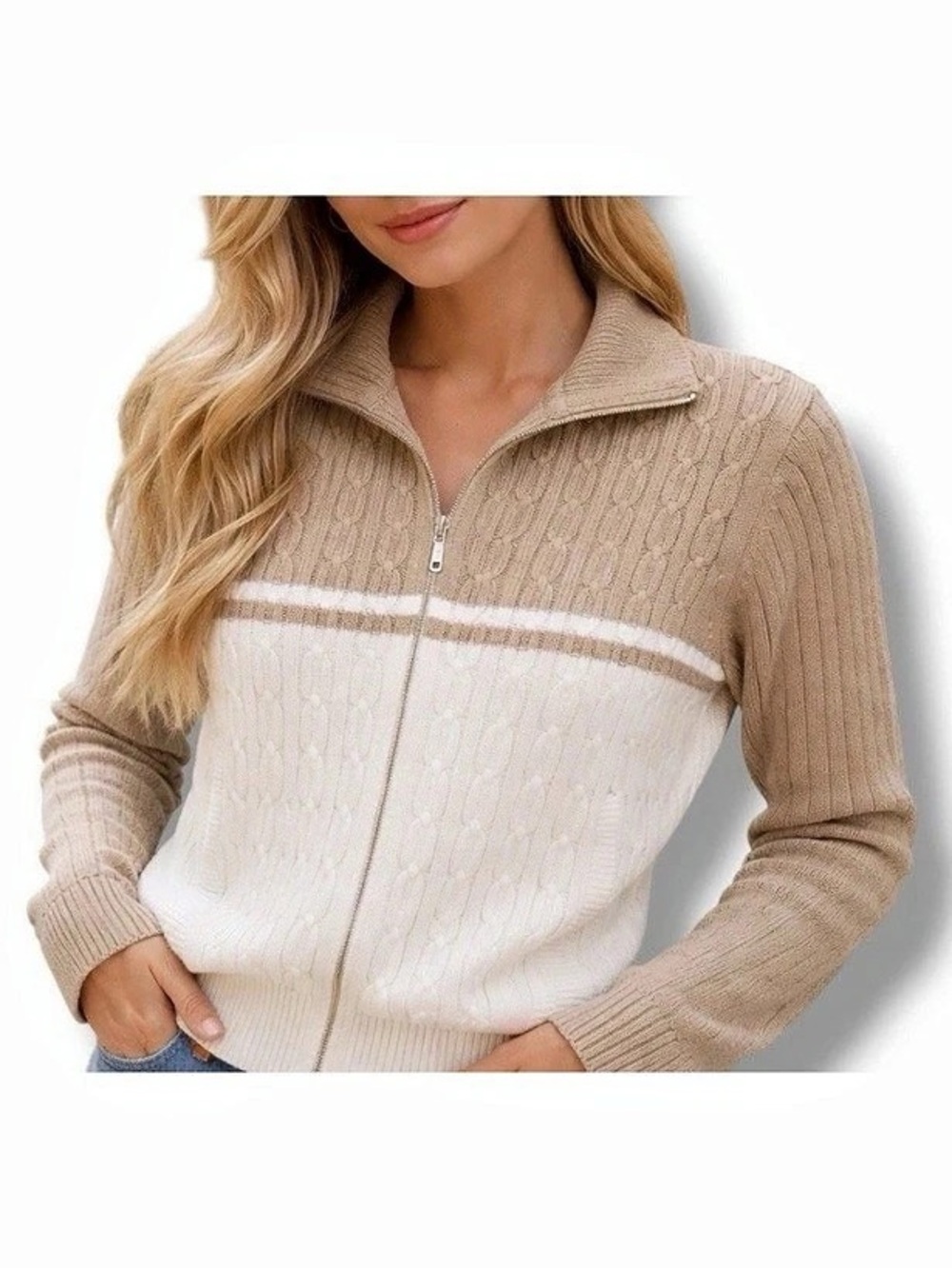Tommy Hilfiger Color Block Zip Cardigan in Brown & White Size Medium